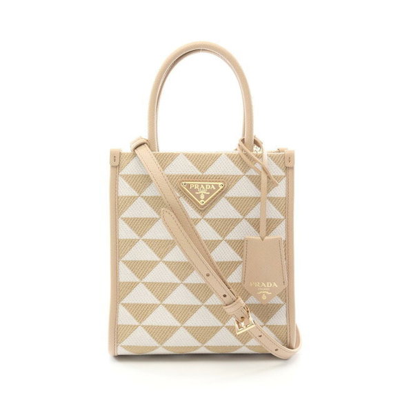 Prada Triangolo Jacquard Embroidery Handbag Saffiano Beige White - Picture 1 of 5